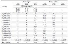 <p>Table 1. Comparison MIC of 12 AMB-resistant <em>C. glabrata </em>strains exposure to Ag-NPs, Se-NPs, Au-NPs</p>
<p>Fluconazole (FCZ); Amphotericin B (AMB); Itraconazole (ITZ). S; Susceptible, I; Intermediate, R; Resistant, MIC: Minimum inhibitory concentration. No. of resistant <em>C. glabrata </em>strains (R1-R12). Geometric range; GM, Standard Deviation; SD.</p>