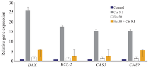 <p>Figure 3. Changes in <em>BCL-2</em>, <em>Bax</em>, <em>caspase 3</em>, and <em>caspase 9</em> gene expressions in experimental groups treated with Fisetin, cisplatin or a combination of both.</p>