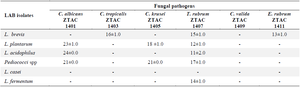 <p>Table 3. Activity of LAB against pathogenic fungal (diameter of zone of inhibition in <em>mm</em>)</p>
<p>* Diameter of the cork borer = 8 <em>mm.</em></p>