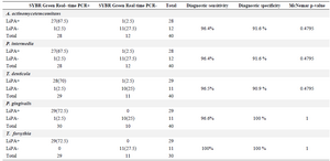 <p>Table 4. Comparison of SYBR Green Real-time PCR and in-house LiPA concerning the detection of DNA extracted from artificially contaminated blood samples</p>