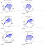 <p>Figure 4. Three dimensional response surface plot for the effect of (A) pH, temperature (B) pH, Substrate concentration (C) Nitrogen source, Incubation time (D) Nitrogen source, substrate concentration (E) Nitrogen source, pH (F) Temperature, substrate concentration.</p>