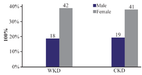 <p>Figure 1. Distribution of 120 outpatients infected with urinary tract infection according to gender. WKD: Without kidney disease, CKD: Chronic kidney disease.</p>