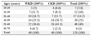 <p>Table 3. Distribution of 120 outpatients infected with urinary tract infection according to age groups</p>
<p>WKD: Without kidney disease, CKD: Chronic kidney disease.</p>