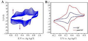 <p>Figure&nbsp;4. A) Electrochemical polymerization of polyaniline on Glassy carbon, cyclic voltammetry in 0.05 <em>M</em> aniline 0.1 <em>M</em> PBS pH=3.5 at 100 <em>mV/s</em>. B) Evidence of PANI modified GC and bare GC.</p>