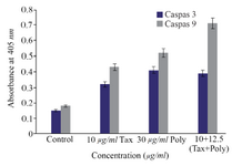 <p>Figure 6. The measurement of caspase-3 and -9 activity in A2780cp cells treated with <em>O. scolopendrina</em> polysaccharide and paclitaxel. To determine whether apoptosis induction is caspase-dependent, caspas-3 and caspase-9 assay was used. Histogram represented that the caspase-3 and -9 activity increased under incubation with brittle star polysaccharide and paclitaxel as compared to untreated cells. As shown, the increment of caspase-3 and caspase-9 activity revealed that the <em>O. scolopendrina</em> polysaccharide can improve the cytotoxic effect of taxol <em>via</em> intrinsic apoptosis pathway.</p>