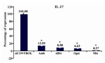 Figure 4. Quantitative real time-PCR evaluation of RORC2 suppression effects on transcript levels of IL-17. With all degrees of suppression in RORC2 gene, decrease of mRNA levels of IL-17 was significant (*p<0.05) compared to siCONTROL. The most silencing was again seen in "Mix" sample. Data, are shown in relative percentage scale, are the mean of three sets of similar experiments. Relative SD is shown by the bar. Scrambled siRNA (siCONTROL): transfection with Label IT® RNAi Delivery Control