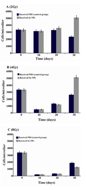 Figure 3. Lymphocytes counts in irradiated mice which received SeNPs or PBS buffer (control group) for 30 days.  A: irradiated mice with 2Gy. B: irradiated mice with 4Gy. C: irradiated mice with 8Gy. Considerable increase was observed at the day 30th in the count of lymphocytes in 2Gy and 4Gy irradiated mice
