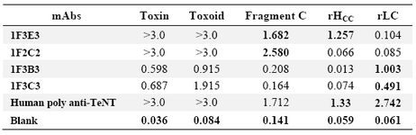 Table 1. Reactivity of anti-TeNT monoclonal and polyclonal antibodies to tetanus toxin, toxoid, fragment C, recombinant HCC (rHCC) and recombinant light chain (rLC). The results represent OD values obtained at 450 nm by ELISA method