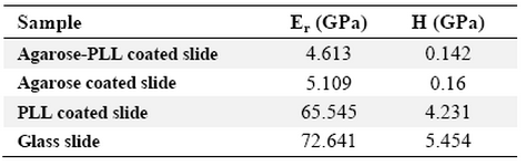 Table 4. Mean reduced elastic modulus and mean hardness of dried samples