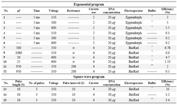 Supplementary table 1. Different electroporation programs. The higher efficiency was gained with method 13. Electroporation was optimized by varying preset electroporation protocols, cell concentrations, and different incubation times before and after electroporation

*BioRad hypoosmolar electroporation buffer. 
** Electroporation buffer with the following formula:
10 mM HEPES pH=7.4, 140 mM NaCl, 2.68 mM KCl, 1.7 mM MgCl2, 25 mM glucose pH= 7.4 in 1000 ml ddH2O 
