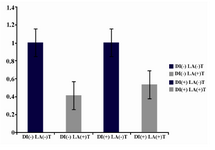 Figure 3. LLLT decreases Vegf expression in diabetic and non diabetic mice, but this decrease is not significant [DI(-) LA(-) in comparison with DI(-)LA(+) and DI(+)LA(-) in comparison with DI(+)LA(+)]. Vegf expression between diabetic and non-diabetic mice before laser exposure [DI(-) LA(-) and DI(+)LA(-)] shows no significant difference.
Vegf expression between diabetic and non-diabetic mice after laser exposure [DI(-)LA(+) and DI(+)LA(+)] shows no significant difference
