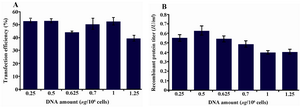 Figure 3. Optimization of DNA concentration for transfection. Varying DNA concentrations from 0.25 to 1.25 μg/106 cells with 0.5×106 starting cell densities and 1.5 μg/106 cells of PEI concentrations were investigated. A) GFP positive cells 48 hr posttransfection with different DNA plasmid concentrations; B) t-PA recombinant protein concentration in the culture media measured on day 9 posttransfection by ELISA