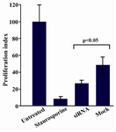 Figure 5. Assessment of cell proliferation following sortilin down regulation. Cell proliferation was inhibited (40.1%) in siRNA-transfected Caov-4 cells as compared to mock control-transfected counterpart 48 hr post-transfection (p<0.05). Data is represented as mean±SEM in 2 independent experiments with 6 replicates