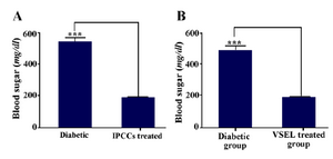 Figure 8. A) Average non-fasting glucose levels of control and experimental diabetic mice. B) Average non-fasting glucose levels of diabetic group, before and after treatment (the mean blood sugar of treated diabetic mice is calculated 3 weeks after cell therapy with VSELs). Asterisks in figure denote statistical significance, (p= 0.0002).