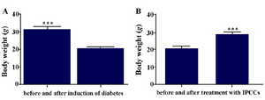 Figure 9. A) Mean body weight of mice before and after (3 weeks) induction of diabetes; B) Mean body weight of diabetic mice before and after (3 weeks) treatment with VSEL stem cells. Body weight of diabetic mice differed significantly before and after treatment. Asterisks in figure denote statistical significance (p=0.0002).
