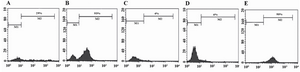 Figure 3. Flow cytometric analysis of expression of human CD19. Using specific monoclonal antibody, expression of human CD19 for transient (A) and stable expression (B); untransfected NIH-3T3 (C); mock-transfected NIH-3T3 (D); and Raji cell lines (E, as positive control) were analyzed.