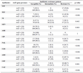 <p>Table 2. <em>intI1 </em>gene presence status in <em>K. pneumoniae</em> isolates according to antibiotic susceptibility pattern</p>
<p>SXT=Trimethoprim-Sulfamethoxazole, TET=Tetracycline, NI=Nitrofurantoin, GEN=Gentamycin, AMI=Amikacin, CIP=Ciprof-loxacin, NAL=Nalidixic acid, CLR=Chloramphenicol, AMC=Amoxicillin/Clavulanic acid, CEP=Cephalothin, CAZ=Ceftazidime.</p>