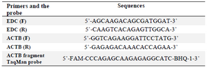 <p>Table 1. Oligonucleotides primers and the probe used in this study</p>
<p>EDC: External DNA Control, F: Forward, R: Reverse</p>