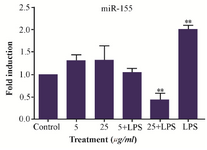 <p>Figure 2. LPS and M2000 effects on miR-155 expression level in treated PBMCs. Expression level of miR-155 increased in LPS (1 <em>&micro;g/ml</em>) treated PBMCs. M2000 significantly reduced miR-155 expression level in LPS-treated cells.</p>