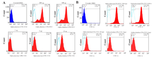 <p>Figure 9. Flowcytometry analysis of internalized &alpha;-alumina-CPA/CPB-FITC by murine macrophages. A) Shows that 8.2, 33.3, 90.3, 94.55 and 96.7% of macrophages received &alpha;-alumina-CPB-FITC labeled particles in the presence of 1, 5, 10, 100 and 200 <em>&mu;g/ml</em> concentrations, respectively. B) Shows that 15, 27, 61, 95 and 98% of macrophages received &alpha;-alumina-CPB-FITC labeled particles in the presence of 1, 5, 10, 100 and 200 <em>&mu;g/ml</em> concentrations, respectively.</p>
