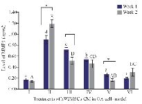 <p>Figure 4. Levels of MMP3 in cells of OA models cultured in hWJMSCs-CM. (I) Normal cell (CHON002), (II) IL1&beta;-CHON002, (III) hWJMSCs-CM 15%+IL1&beta;-CHON002 (IV), hWJMSCs-CM 30%+IL1&beta;-CHON002, (V) IGF1-hWJMSCs-CM 15%+IL1&beta;-CH-ON002, (VI) IGF1-hWJMSCs-CM 30%+IL1&beta;-CHON002. The histograms are presented as mean &plusmn; standard deviation, the treatment was done triplicate. The data were analyzed with ANOVA and Tukey post hoc test. Different letters (a, b, c, d) indicate significant differences in 1 week incubation (Blue color) and different letters (A, AB, BC, C, CD, D, E) indicate significant differences in 2 week incubation (Gray color). The symbol (*) presents significant differences between week 1 and week 2 based on paired t-test (p&lt;0.05).</p>