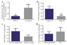 <p>Figure 1. A) RT-qPCR analysis shows the mean values of relative <em>hsa-miR-30d</em> expression in Non-Small Cell Lung Cancer (NSCLC) and nontumor controls, with confidence intervals as the error bars. Note that the expression of <em>hsa-miR-30d</em> was significantly lower in 24 NSCLC tissues than that in the corresponding nontumor (p= 0.0382). Relative expression levels of <em>hsa-miR-30d</em> are demonstrated for different stages, B) and smoking status groups, C) of NSCLC patients. Note that the observed differences in expression were not statistically significant. D) A similar comparison in lung adenocarcinoma <em>vs</em>. Squamous Cell Carcinoma (SCC) samples. P-values of &lt;0.05 were considered statistically significant.</p>