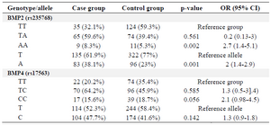 <p>Table 3. The genotype and allele frequency of the&nbsp;BMP2 and BMP4 polymorphisms in the case and control groups</p>