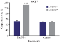 <p>Figure 5. Effect of ZnONPs on caspase 8 and caspase 9 activities in MCF-7 cell line. * Significant differences at p&lt;0.05.</p>