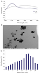 <p>Figure 1. Synthesis and characterization of AgNP using sitosterol. A) UV-vis spectroscopic spectrum of AgNP. B) TEM image of AgNP. C) Histogram shows the size distribution of nanoparticles. ImageJ software was used to measure different sizes of nanoparticles.</p>