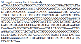 <p>S1, supplementary file. &gt; Nanobody</p>
<p class="wrap">ATGAAATACCTATTGCCTACGGCAGCCGCTGGATTGTTATTACTCGCGGCCCAGCCGGCCATGGCCCAGGTGCAGCTGCAGGAGTCTGGAGGAGGCTCGGTGCAGGCTGGAGGGTCTCTGAGACTCTCCTGTGCAGCCTCTGGATTCGCCTACAGTACCTACTCCA TGGGCTGGTTCCGCCAGGTTCCAGGGAAGGAGCGTGAGGCGGTCGCAACTATCAACAGTGGTACTTTTAGGCTATGGTATACA GACTCAGTGAAGGGCCGATTCACCATCTCACGAGACAACGCCAAGAACATGCTGTATCTGCAAATGAACAGCCTGAAACCTG AGGACACGGCCATCTATTACTGTGCGGCGAGGGCCTGGTCCCCCTATAGTTCGACTGTAGACGCCGGTGACTTTCGTTACTGG GGCCAGGGGACCCAGGTCACCGTCTCCTCACACCACCATCA CCATCACTAA</p>