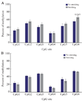 <p>Figure 4. Comparison of the effect of smoking habit on <em>TGM-3</em> promoter methylation in patient and control groups. Analysis of BSP amplification of the <em>TGM-3</em> promoter methylation in patient (A) and control (B) groups showed that there was a significant difference related to smoking habit and methylation level of CpG6 site in patients. p&lt;0.05 was considered statistically significant.</p>