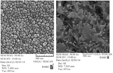 <p>Figure 1. FSEM images of SeNPs, A) FESEM image of plain SeNPs showing the size of 60 <em>nm</em>. B) FESEM image of fabricated CaSO<sub>4</sub>@SeNPs demonstrating nanocomposites are rod shaped (400&times;100 <em>nm</em>).</p>