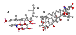 Figure 3. Interaction of compounds with ergosterol; A) NSC 89270-ergosterol and B) AmB-ergosterol