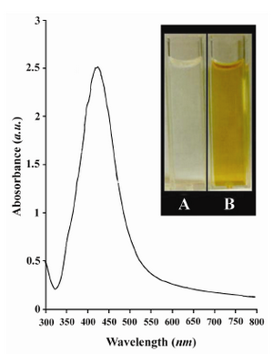 Figure 1. UV-Vis spectrum of as-prepared Ag NPs synthesized by chemical reduction of Ag+ by dextrose. The inset is A) a photograph of the reaction mixture before reduction and B) after reduction