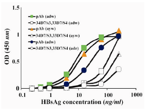 Figure 1. Comparison between reactivity of a combin-ation of the two selected mAbs and polyclonal antibody as detector phase in the designed ELISA assay pAb: polyclonal antibody; mAb: monoclonal antibodies (a combination of 34D7/S3 and 33D7/S4 mAbs)