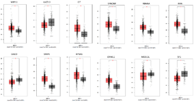 <p>Figure 9. Gene expression analysis of selected hub genes. The red color bar represents gene expression in tumor samples (n=1085) and the gray color bar represents gene expression in normal samples (n=291). BRCA: breast cancer, (p-value &lt;0.05).</p>
