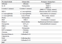 <p>Table 1. List of biomarkers for detecting renal injury</p>
<p>&nbsp;</p>
<p>DKK-3-Dickkopf-3, * DKK-3 is used most commonly; NHE-3-Na+/H+ exchanger isoform 3; NAG-N-Acetyl- &beta;-d-Glucosaminidase; NGAL-Neutrophil Gelatinase-Associated Lipocalin; RBP-Retinol Binding Protein; Cyr 61-Cysteine-rich 61; IL-18- Interleukin 18; GST-&fnof;&iquest;, Glutathione S-Transferase-&fnof;&iquest;; HGF-Hepatocyte Growth Factor; l-FABP- l-type Fatty Acid-Binding Protein; IGFBP-7-Insulin-like Growth Factor-Binding Protein-7; TIMP-2-Tissue Inhibitor of Metalloproteinase 2; [IGFBP-7] [TIMP-2] are always used together and are marketed as such; H-FABP, heart fatty acid-binding protein.</p>