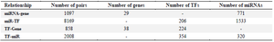 <p>Table 2. Summary of four types of regulatory relationships among miRNA-gene, TF-Gene, miR-TF, and TF-miR interactions</p>