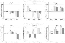 <p>Figure 10. Relative gene expression ratio of some wound healing related genes by different wound dressing. Matrix early growth response 2 (Egr2), metallopeptidase 9 (Mmp9), chemokine (C-X-C motif) ligand 12 (CXCL12 or SDF-1), indoleamine 2,3-dioxygenase 1 (IDO1), prostaglandin-endoperoxide synthase 2 (Ptgs2), vascular endothelial growth factor A (VEGFA) in diabetic wound areas of mice. The expression is normalized to the reference gene (B2m). There were five cases in each group. p-values less than 0.05, 0.01, 0.001, and 0.0001 were shown with *, **, ***, and ****, respectively.</p>
