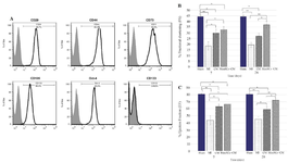 <p>Figure 1. Evaluation of MenSCs by flow cytometry and cardiac parameters by echocardiography at days 7 and 28 post-MI. A) CD markers are demonstrated (gray and white curves). B) % Fractional shortening (FS), C) % Ejection fraction (EF), * p˂0.05; ** p˂0.001.</p>
