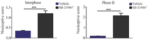 <p>Figure 2. The persistent injection of SB-334867 on formalin-produced nociception. The graph shows the impact of chronic injection of SB-334867 on the formalin-induced pain and displays mean nociceptive score of interphase and phase 2 compared to Vehicle group. Measuring the nociceptive behaviors initiated instantly for 60 minutes after formalin injection (2% in saline, 50 <em>&micro;l</em>, <em>s.c</em>.) into the hind paw (<em>min</em> 0). Data is presented as mean &plusmn; SEM. *p&lt;0.01 compared to SB-vehicle (Vehicle), n=8 per group.</p>