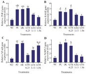 <p>Figure 2. Effect of GTE toward <em>TLR-4, RAGE, NF-&kappa;B</em>, and <em>NLRP-3</em> gene expression on LPS-induced L2 cells. A) <em>TLR-4</em> gene expression on LPS-induced L2 cells, B) <em>RAGE</em> gene expression on LPS-induced L2 cells, C) <em>NF-&kappa;B</em> gene expression on LPS-induced L2 cells, D) <em>NLRP-3</em> gene expression on LPS-induced L2-cells.</p>
<p>* The data is presented as means value &plusmn; standard deviation. NC: untreated cell, PC: LPS-induced cell, DC: PC+DMSO 1%, GTE 6.25: PC + GTE 6.25 <em>&micro;</em><em>g/ml</em>, GTE 3.13: PC + GTE 3.13 <em>&micro;g/ml</em>, GTE 1.65: PC + GTE 1.65 <em>&micro;g/ml</em>. A different mark (alphabetical) indicates a significant difference among treatments toward <em>RAGE</em> gene expression, based on Kruskal-Wallis and Mann-Whitney post hoc test (p&lt;0.05). A different letter (alphabetical) indicates a significant difference among treatments based Anova and Tukey HSD post hoc test for <em>NLRP-3</em> gene expression and based Anova and Dunnett T3 post hoc test for <em>TLR-4</em> and <em>NF-&kappa;B</em> gene expression (p&lt;0.05).</p>
