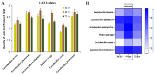 <p>Figure 4. A) Quantity of Lactic Acid produced by pGIT-d-LAB isolates, B) heatmap of the peak value.</p>