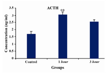 Figure 2. Measurement of ACTH in three groups of pregnant rats (control-no stress, and 1 hr and 3 hr stress-induced rats). Concentrations are expressed as mean ± S.E.M. (as described under Materials and Methods); n=3 animals per experimental group. Asterisks indicate significant differences between treated groups. Statistical analysis was performed using one-way ANOVA fol-lowed by the Tukey’s post hoc test (**p<0.001, 1 hr stress versus control; *p<0.01, 3 hr stress versus control)