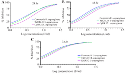 <p>Figure 6. Antiproliferative activity of L-ASNases on CCRF-CEM cells over different treatment periods. Antiproliferative activity of TaI11ChL L-asparaginase, CpIJK12 L-asparaginase, and commercial L-ASNase on CCRF-CEM leukemia cells over 24 (Figure A), 48 (Figure B), and 72 hours (Figure C) of incubation. The values presented are the mean of three independent experiments (n=3). The coefficient of determination (R<sup>2</sup>) was above 0.96 for all the curves.</p>