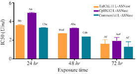 <p>Figure 7. Comparison of the antiproliferative activity of TaIChL11 L-asparaginase, CpIJK12 L-asparaginase, and commercially sourced L-ASNase against CCRF-CEM cell line. Different IC<sub>50</sub> values for each tested extract were plotted against the enzyme exposure time. Bars sharing the same lowercase letter (a-f) are not significantly different across all bars, and bars sharing the same uppercase letter (A-C) are not significantly different within the same exposure time (p&gt;0.05; one-way ANOVA followed by Tukey&rsquo;s HSD test).</p>