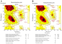 <p>Figure 5. PROCHECK analysis for the primary and refined structures. A) In the primary structure 73.5, 20.7, and 2.2% of residues were in favored, allowed, and disallowed regions, respectively. B) In the refined structure 86.9, 10.0, and 2.2% of residues were in favored, allowed, and disallowed regions, respectively.</p>

