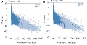 <p>Figure 6. The Z-scores predicted by the PROSA-web server for initial and refinement structure are given in panel (A) and (B), respectively.</p>
