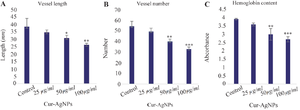 <p>Figure 6. Effect of Cur-AgNPs on CAM angiogenesis.</p>

<p>A) Average length of CAM blood vessels in samples treated with different concentrations of Cur-AgNPs compared with the control. The results indicate a dose-dependent decrease in CAM blood vessel length. Treatment with 50 and 100 <em>&mu;g/ml</em> Cur-AgNPs led to a significant reduction in vessel length compared with the control.</p>
<p>(B) Average number of CAM blood vessels in treated and control samples. A significant decrease in vessel number was observed at 50 and 100 <em>&mu;g/ml</em> Cur-AgNPs compared with the control.</p>
<p>(C) Hemoglobin content measured using the Drabkin method. Samples treated with 100 <em>&mu;g/ml</em> Cur-AgNPs showed a significant decrease in hemoglobin content relative to the control, indicating reduced angiogenesis.</p>
<p>Data are presented as mean&plusmn;SD. *p&le;0.05, p&le;0.01, *p&le;0.001.</p>
