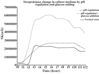 Figure 2. Variation of streptokinase [production rate] in culture media by pH regulation and glucose addition 